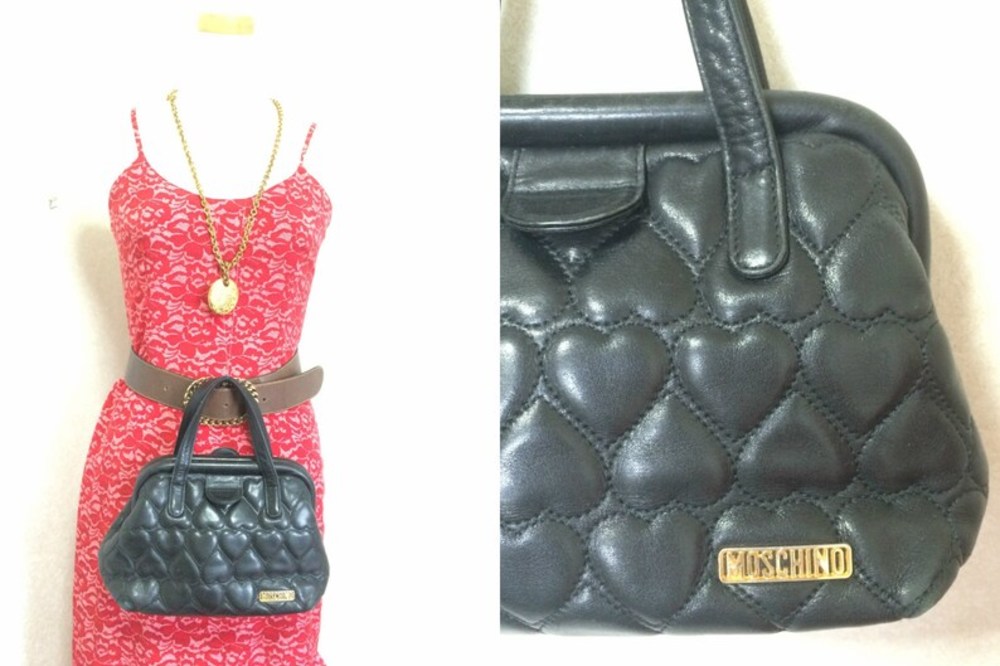 MOSCHINO Vintage black heart shape quilted lambskin mini handbag, tote purse - Picture 3 of 5
